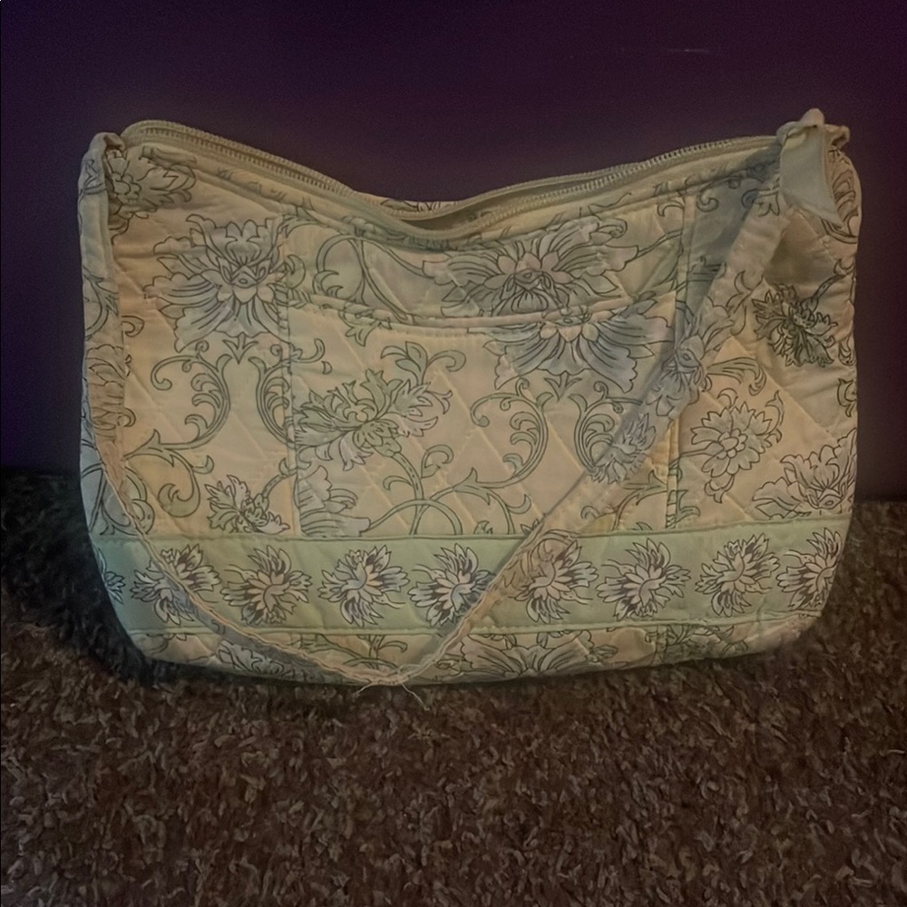 Green and Cream Crescent Shoulder Bag with Ornate Pattern